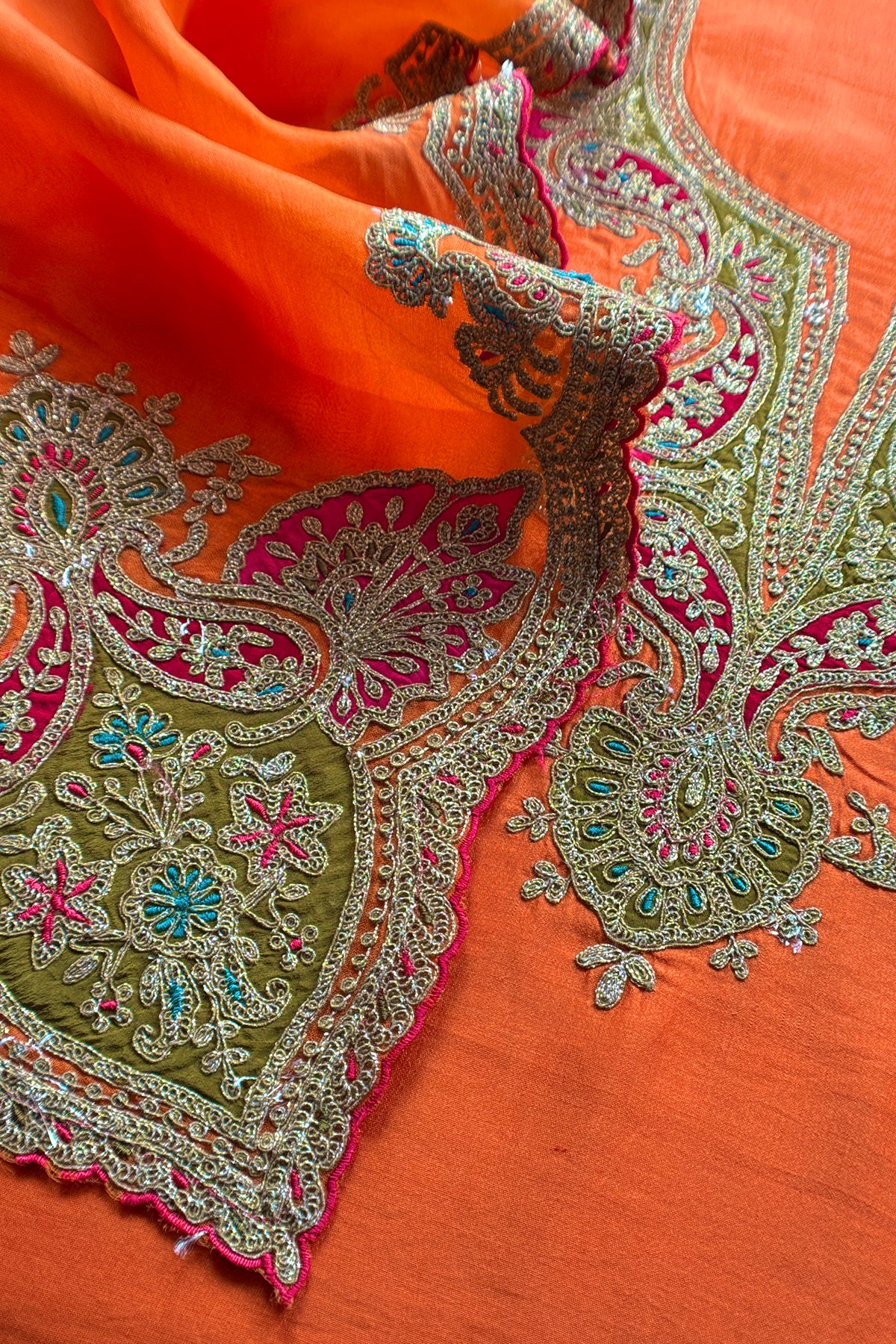 Orange Pure Silk Suit With Gota Tilla Embroidery