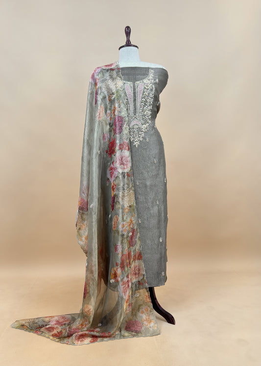 Olive Green Pure Crushed Tissue Kurta And Brush-Print Dupatta With Handwork