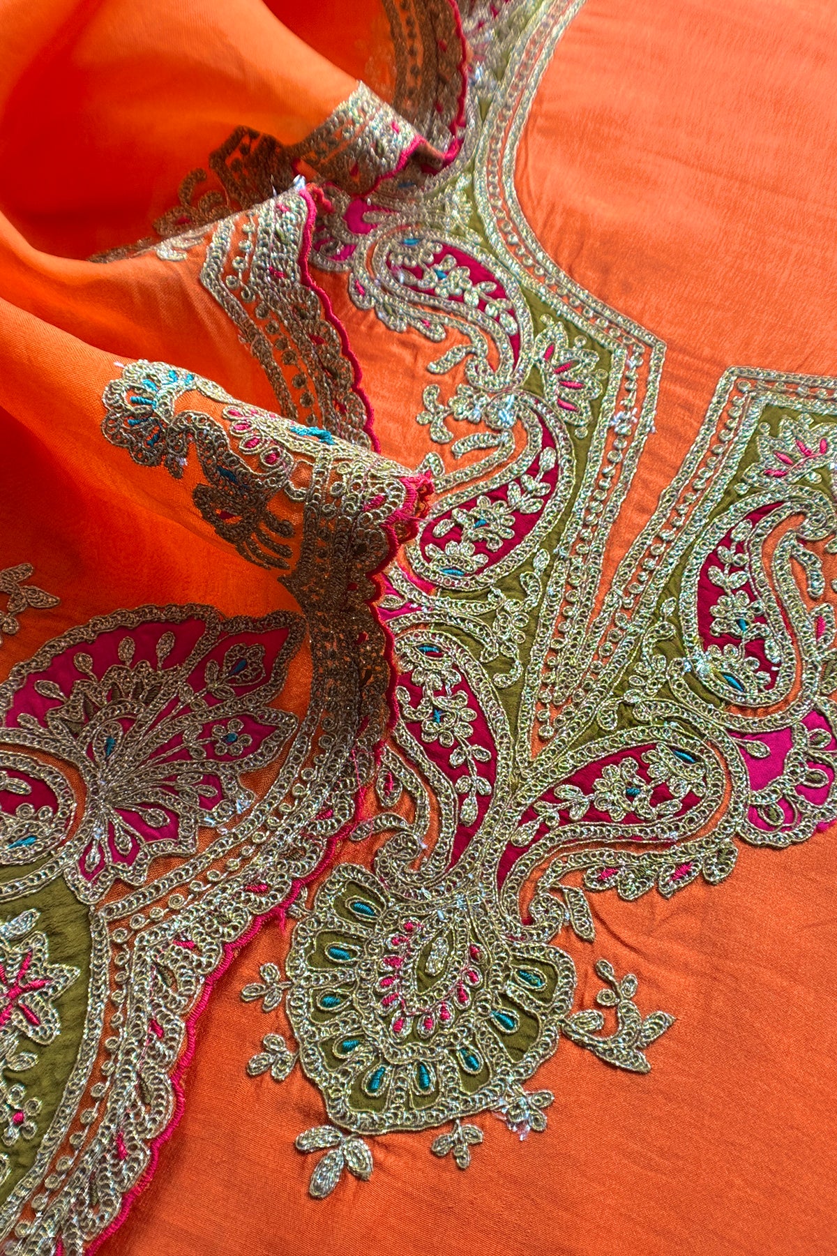 Orange Pure Silk Suit With Gota Tilla Embroidery
