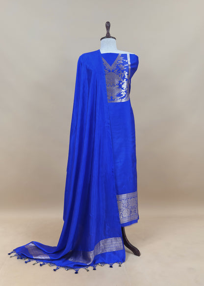 Yellow Handloom Katan Silk Suit Fabric With Peonies Kadwa Weaving