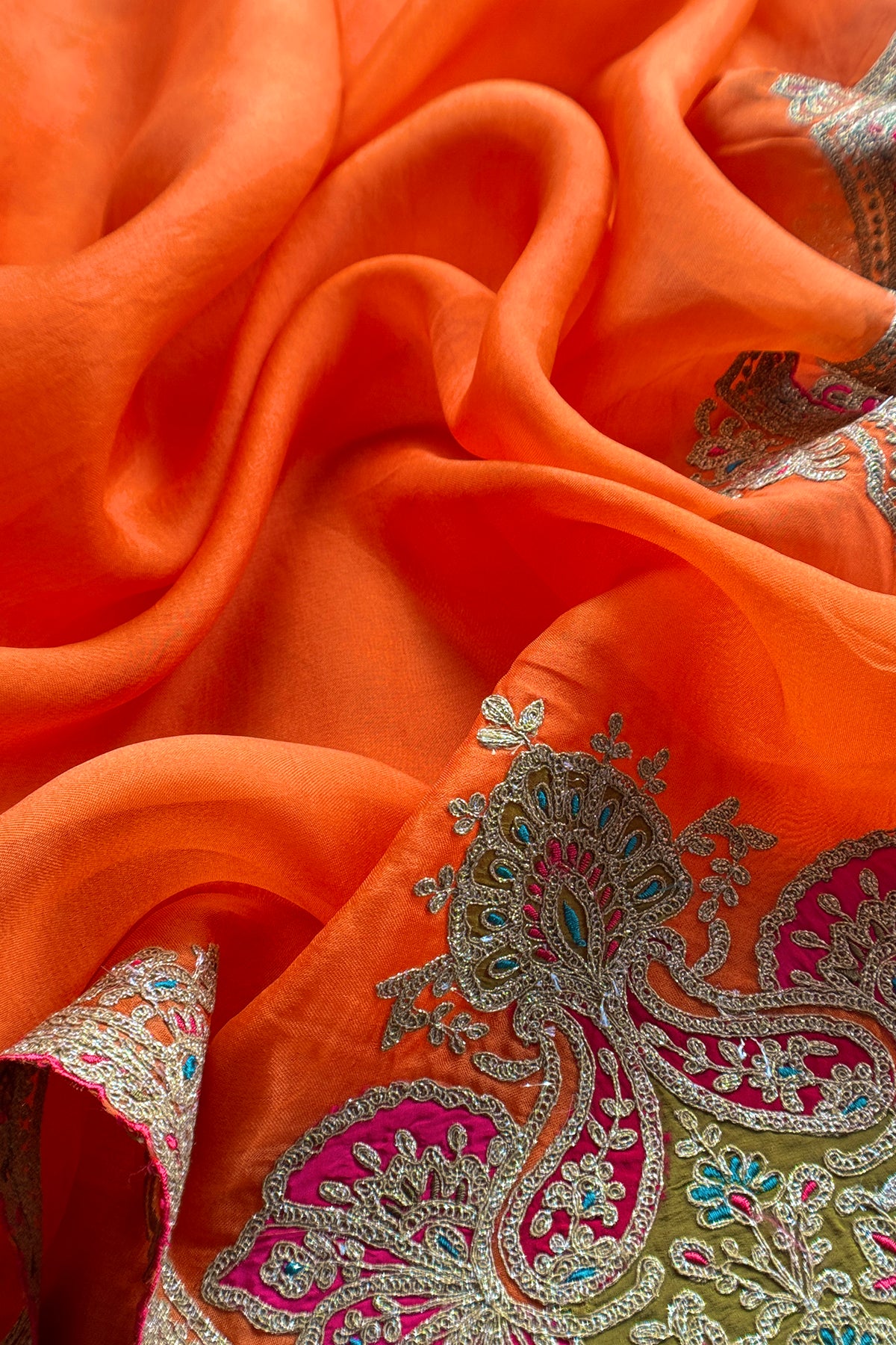 Orange Pure Silk Suit With Gota Tilla Embroidery