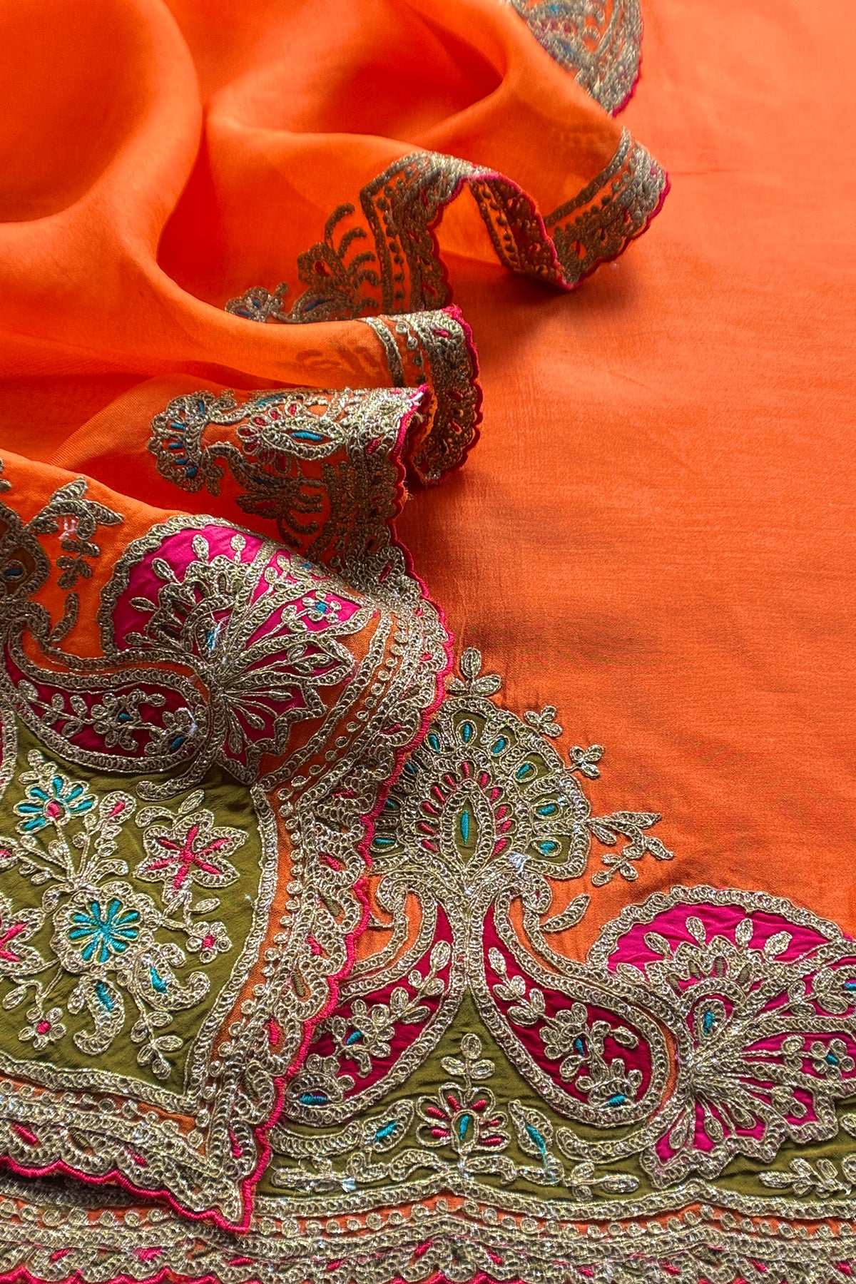 Orange Pure Silk Suit With Gota Tilla Embroidery