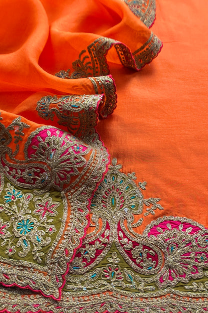 Orange Pure Silk Suit With Gota Tilla Embroidery