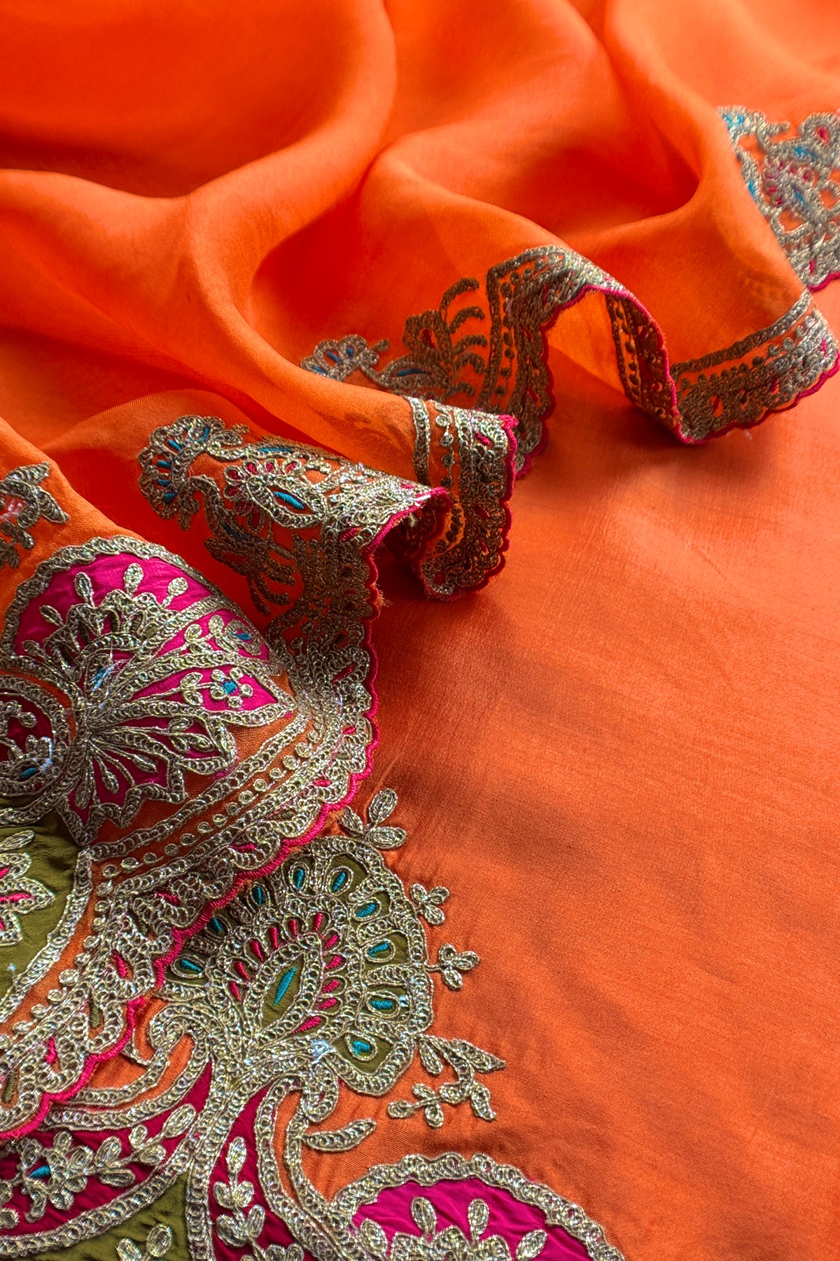 Orange Pure Silk Suit With Gota Tilla Embroidery