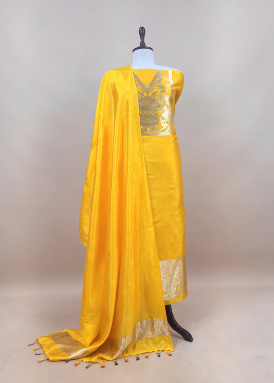 Yellow Handloom Katan Silk Suit Fabric With Peonies Kadwa Weaving