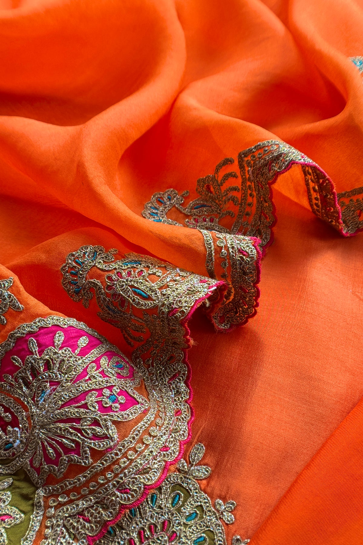 Orange Pure Silk Suit With Gota Tilla Embroidery