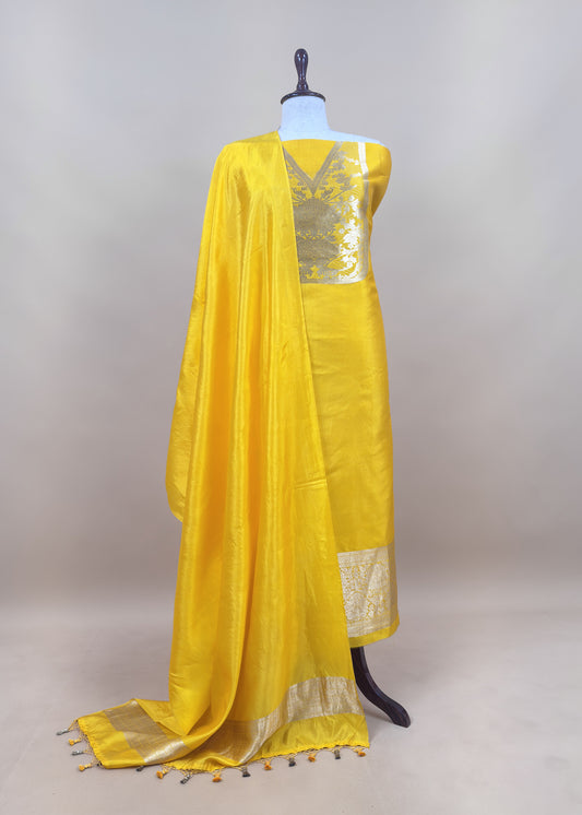 Yellow Handloom Katan Silk Suit Fabric With Peonies Kadwa Weaving