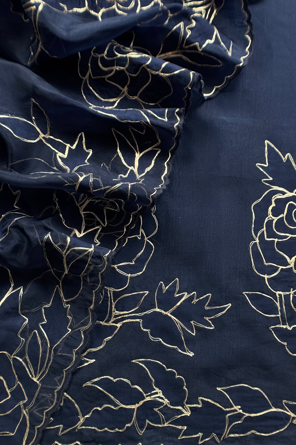 Navy Blue French Roses Handloom Organza Suit Fabric With Appliqué And Pitta Work