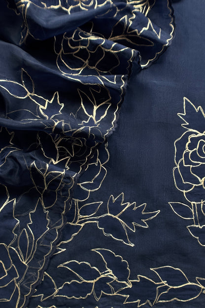 Navy Blue French Roses Handloom Organza Suit Fabric With Appliqué And Pitta Work