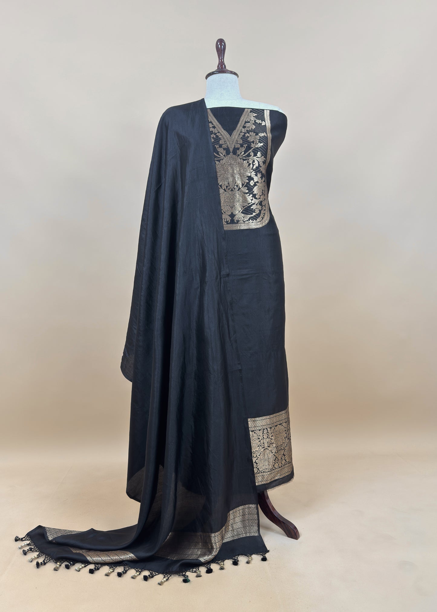 Green Handloom Katan Silk Suit Fabric With Peonies Kadwa Weaving