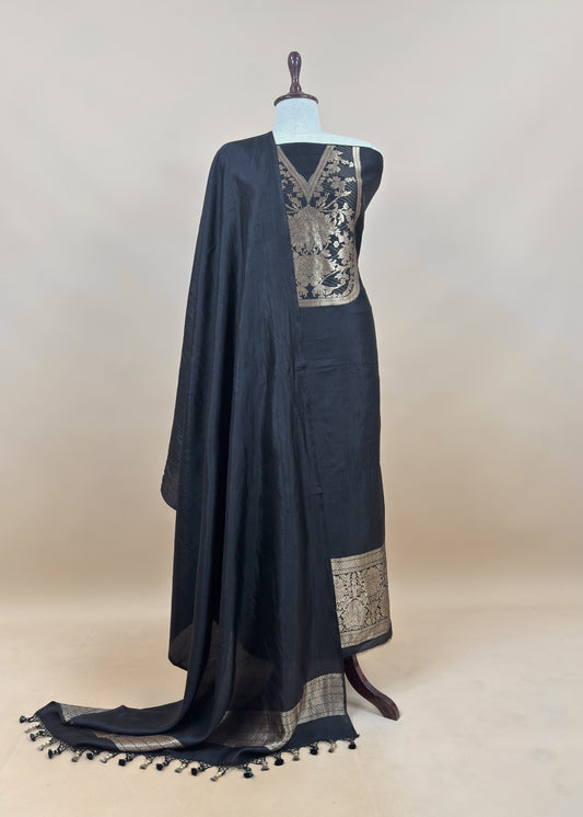 Black Handloom Satan Silk Suit Fabric With Peonies Kadwa Weaving
