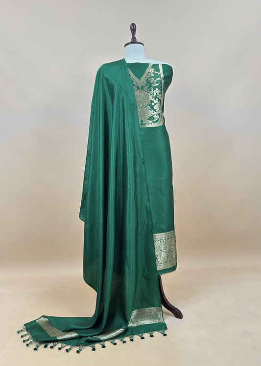 Green Handloom Katan Silk Suit Fabric With Peonies Kadwa Weaving