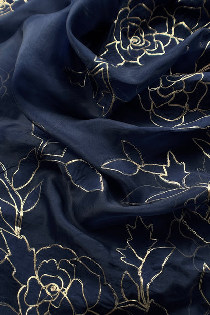 Navy Blue French Roses Handloom Organza Suit Fabric With Appliqué And Pitta Work