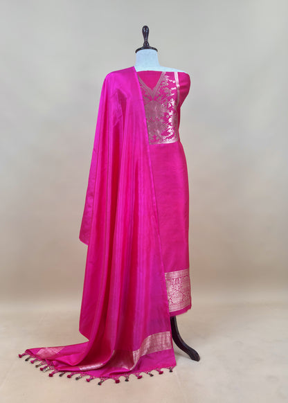 Yellow Handloom Katan Silk Suit Fabric With Peonies Kadwa Weaving