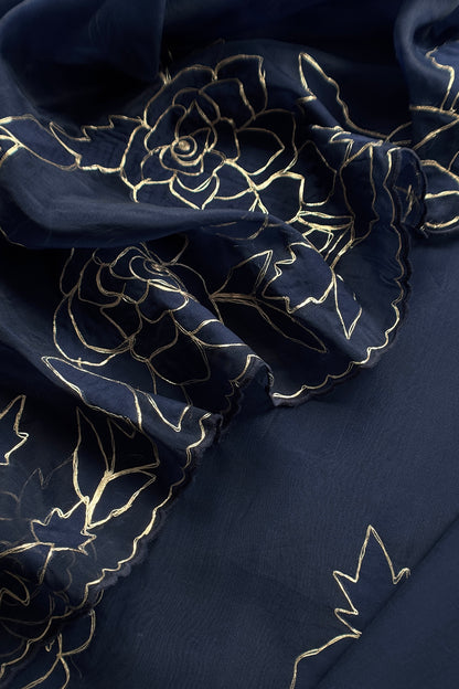Navy Blue French Roses Handloom Organza Suit Fabric With Appliqué And Pitta Work