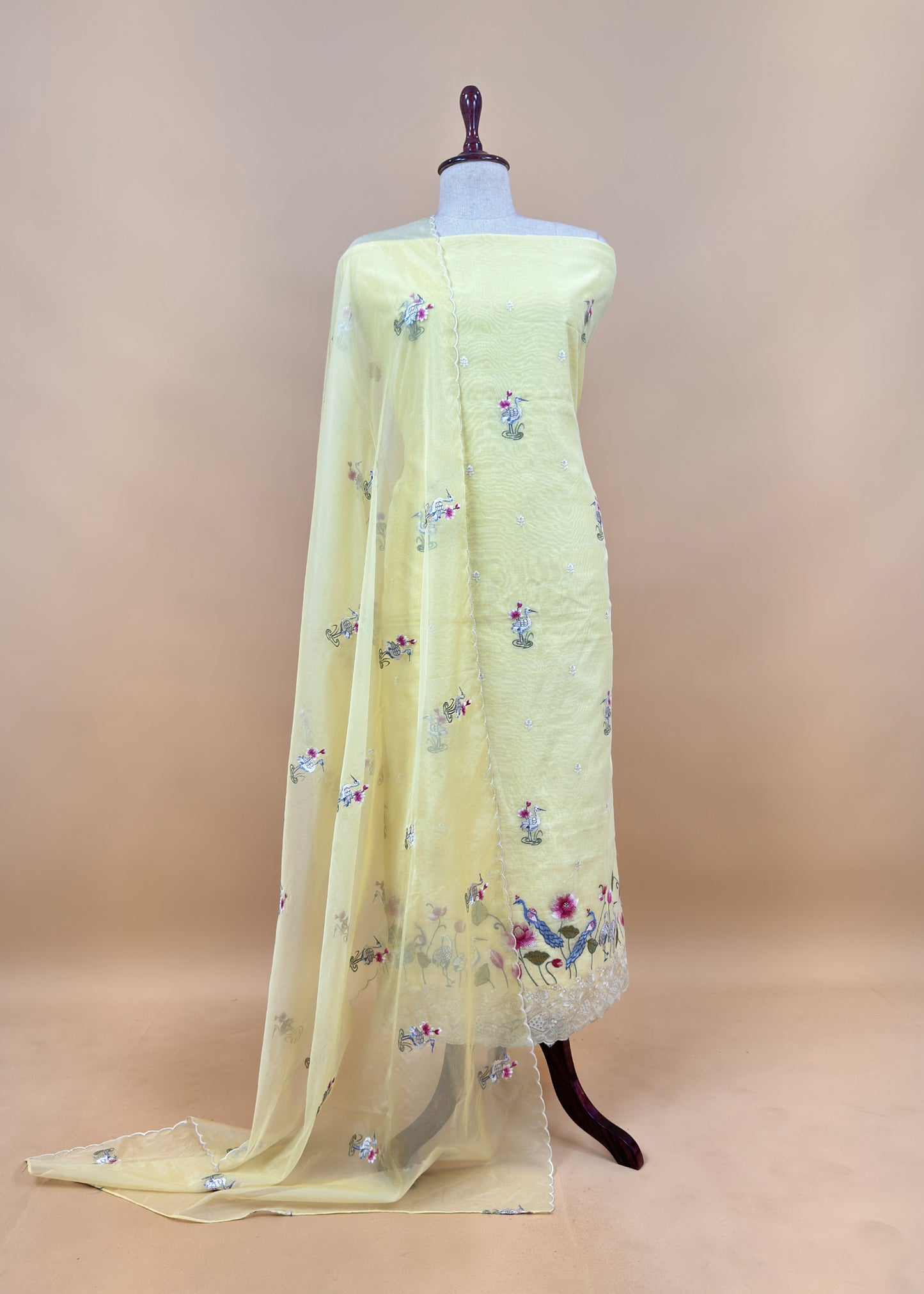 Yellow Chanderi Kurta With Organza Dupatta Having Resham Flamingo Embroidery