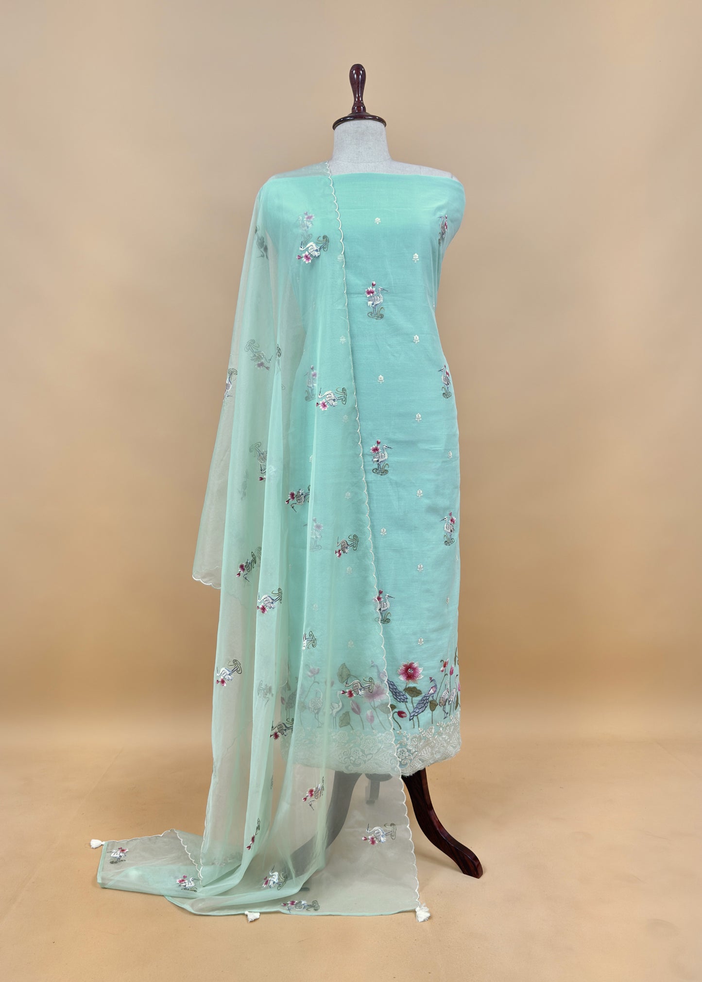 Yellow Chanderi Kurta With Organza Dupatta Having Resham Flamingo Embroidery