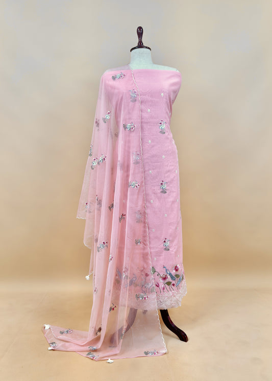 Pink Chanderi Kurta With Organza Dupatta Having Resham Flamingo Embroidery