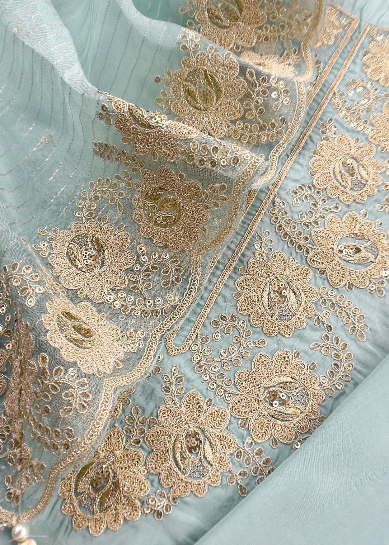 Summers Baby Blue Pure Satin Silk Kurta And Tissue Silk Dupatta With French Thread Embroidery