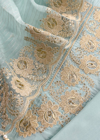 Summers Baby Blue Pure Satin Silk Kurta And Tissue Silk Dupatta With French Thread Embroidery