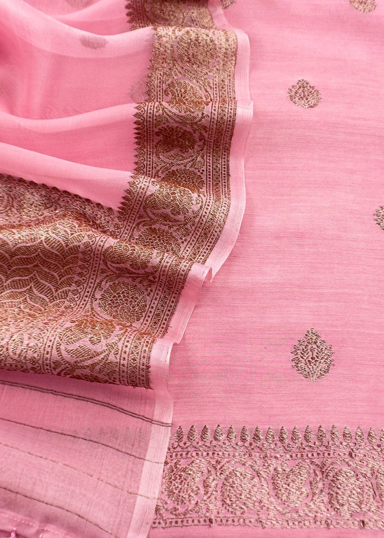 Light Pink Handloom Raw Silk Kurta And Kora Silk Dupatta With Gold Kadwa Weaving