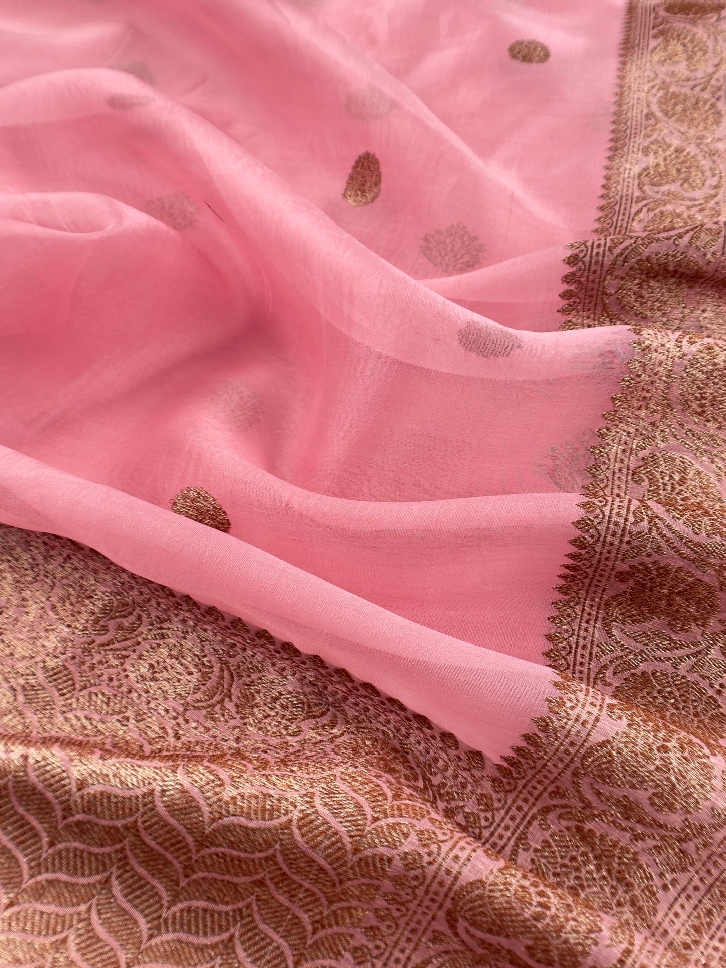 Light Pink Handloom Raw Silk Kurta And Kora Silk Dupatta With Gold Kadwa Weaving