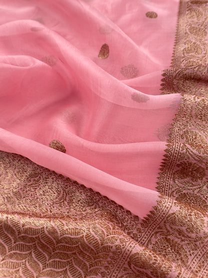 Light Pink Handloom Raw Silk Kurta And Kora Silk Dupatta With Gold Kadwa Weaving