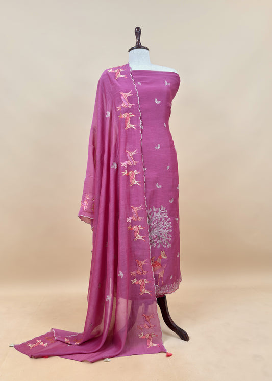 Pink Pure Mulmul Unstitched Fabric With Warli Art Appliqué Work