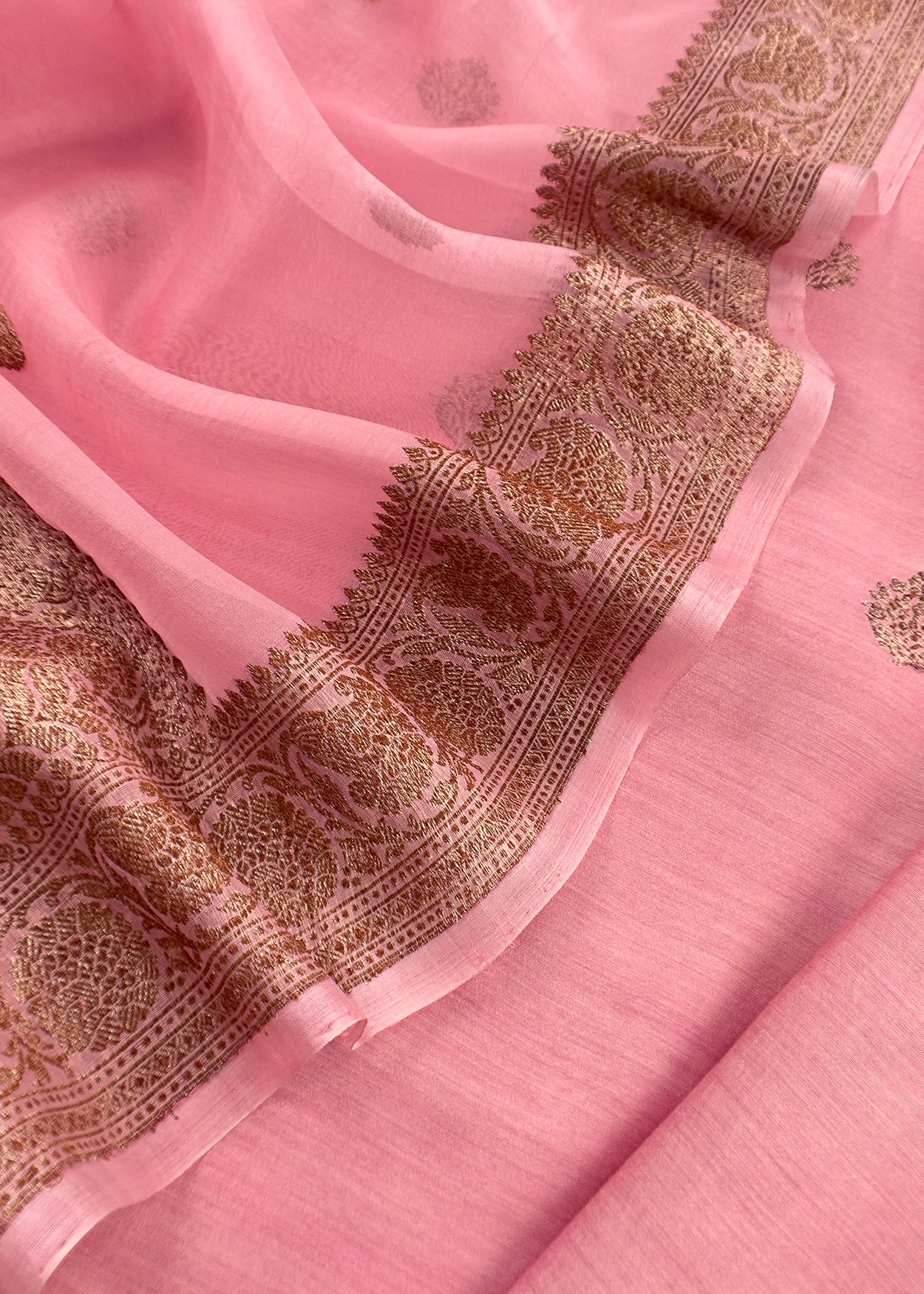 Light Pink Handloom Raw Silk Kurta And Kora Silk Dupatta With Gold Kadwa Weaving