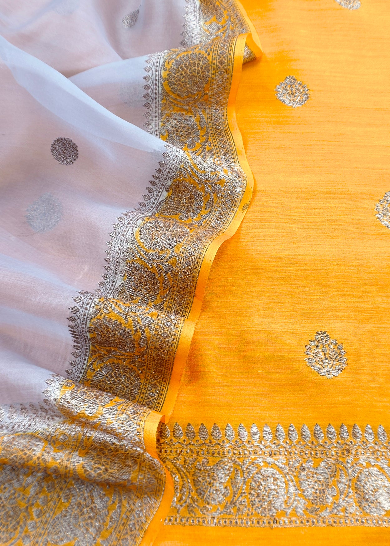 Yellow Handloom Raw Silk Kurta and Kora Silk Dupatta with Gold Kadwa Weaving
