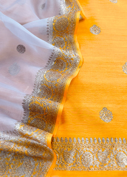 Yellow Handloom Raw Silk Kurta and Kora Silk Dupatta with Gold Kadwa Weaving