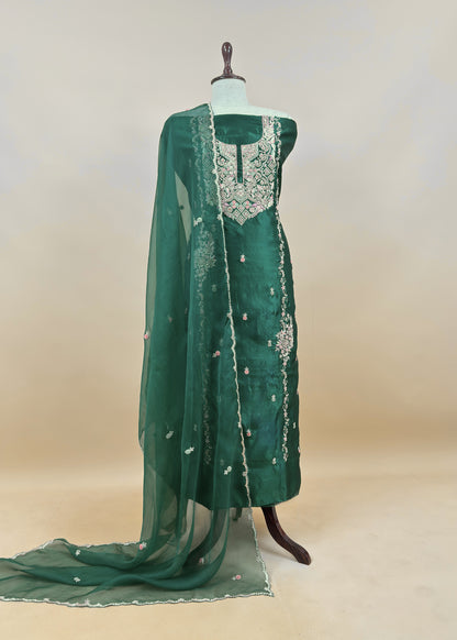 Bottle Green Handloom Silk Suit With Zardosi Embroidery