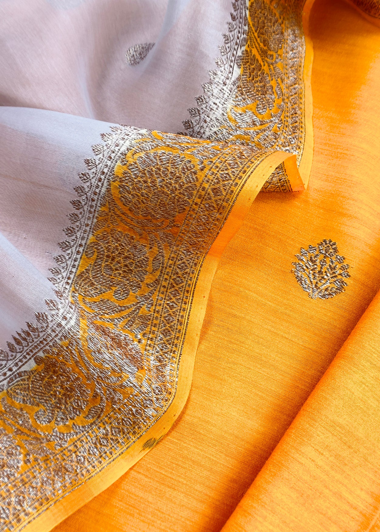 Yellow Handloom Raw Silk Kurta and Kora Silk Dupatta with Gold Kadwa Weaving