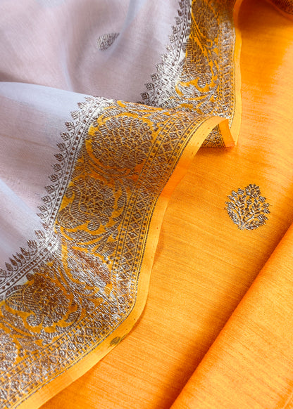 Yellow Handloom Raw Silk Kurta and Kora Silk Dupatta with Gold Kadwa Weaving