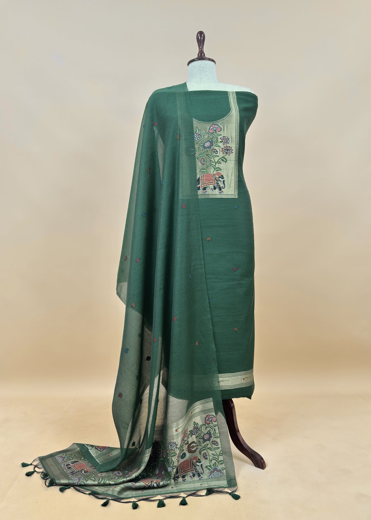 Green Jamdani Woven Unstitched Suit With Paithani Work
