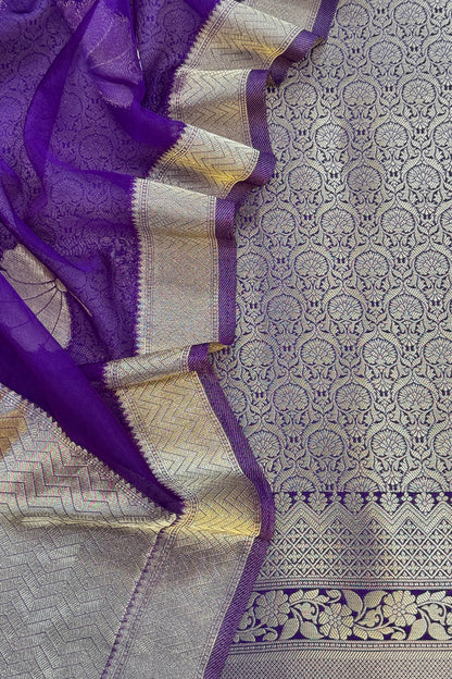 Purple Designer Pure Brocade Silk Kurta And Organza Dupatta