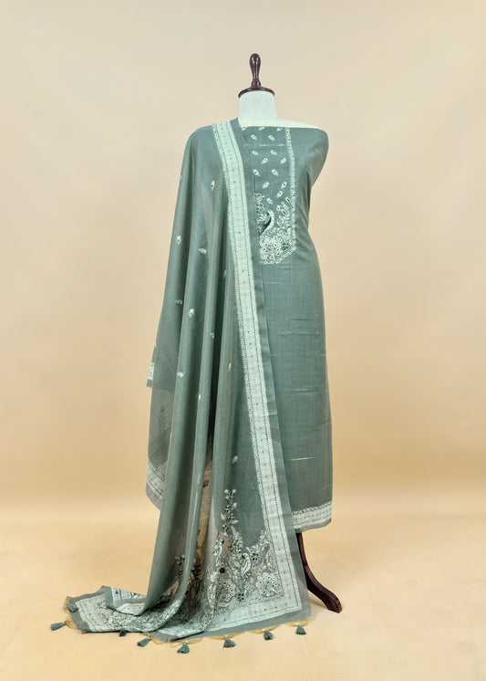 Green Chanderi Linen Suit With Jamdani Weaving