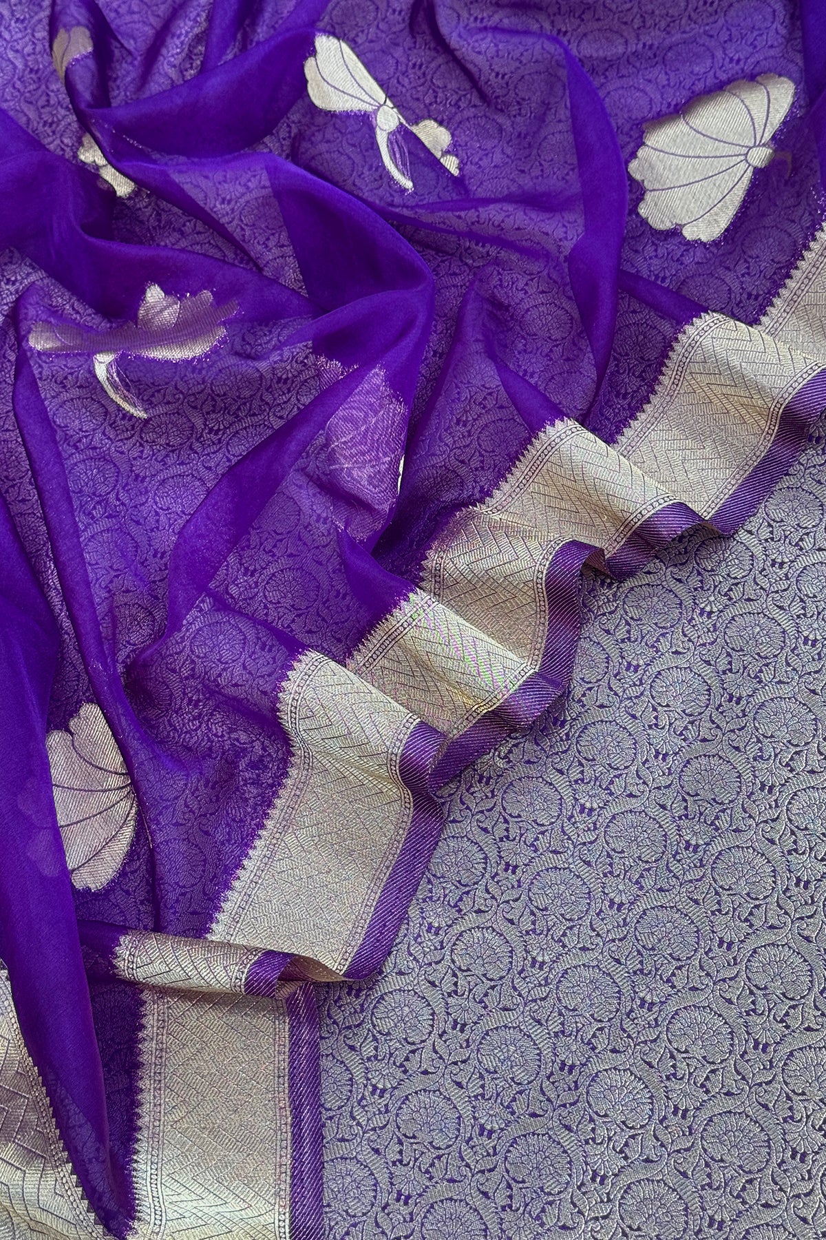 Purple Designer Pure Brocade Silk Kurta And Organza Dupatta