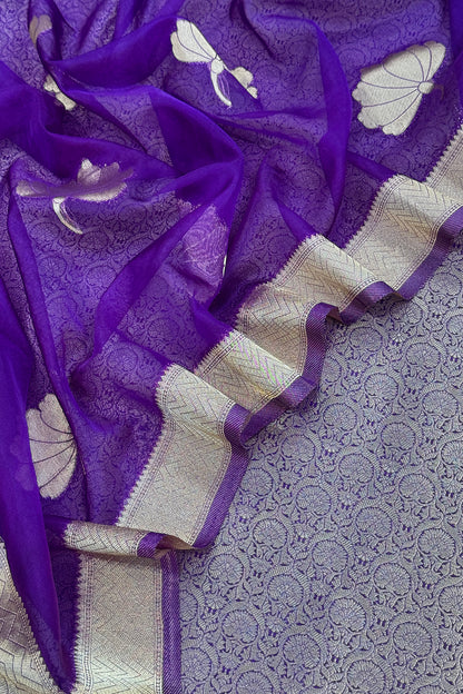 Purple Designer Pure Brocade Silk Kurta And Organza Dupatta