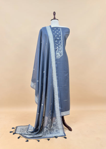 Blue Chanderi Linen Suit With Jamdani Weaving
