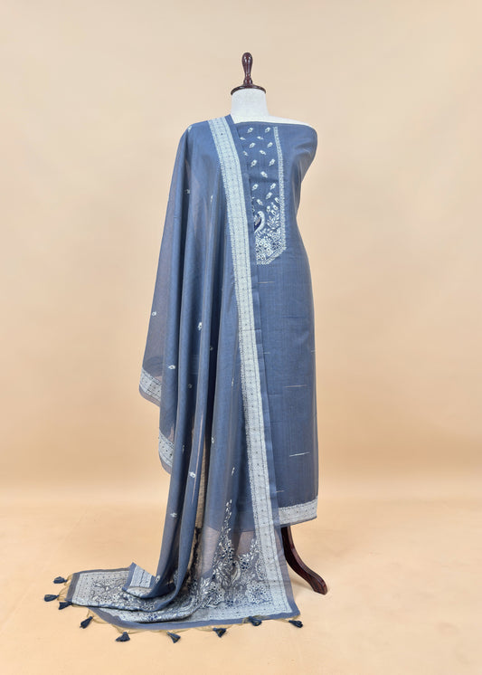 Blue Chanderi Linen Suit With Jamdani Weaving