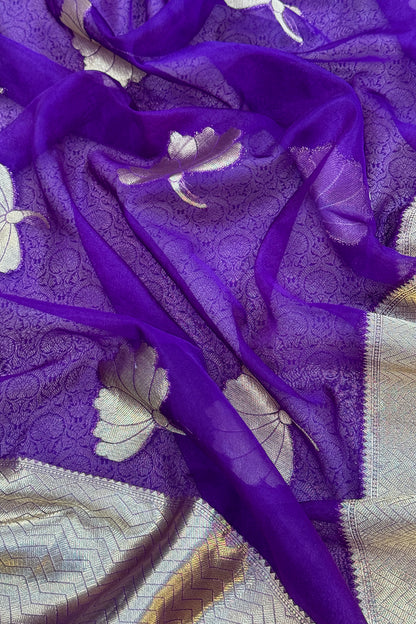 Purple Designer Pure Brocade Silk Kurta And Organza Dupatta