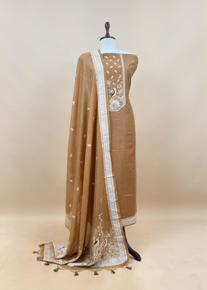 Blue Chanderi Linen Suit With Jamdani Weaving