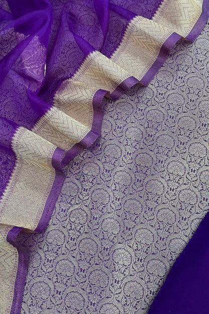 Purple Designer Pure Brocade Silk Kurta And Organza Dupatta