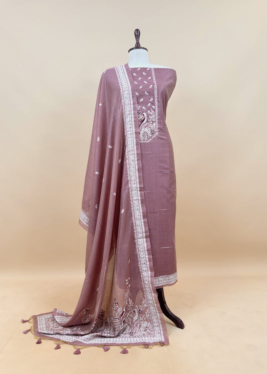 Pink Chanderi Linen Suit With Jamdani Weaving