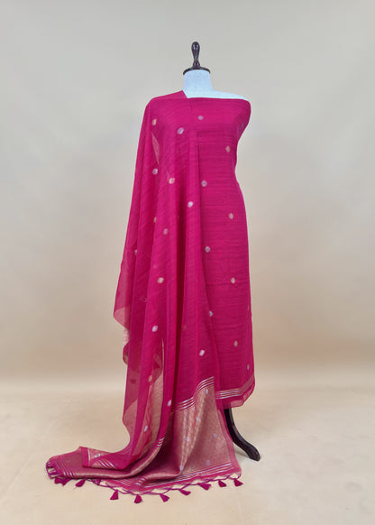 Turquoise Chanderi Unstitched Suit With Gold Zari Jamdani Weaving
