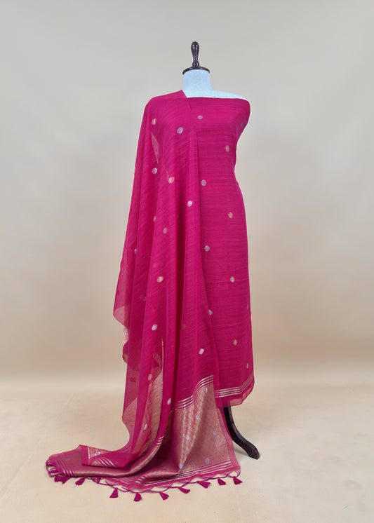 Pink Chanderi Unstitched Suit With Gold Zari Jamdani Weaving