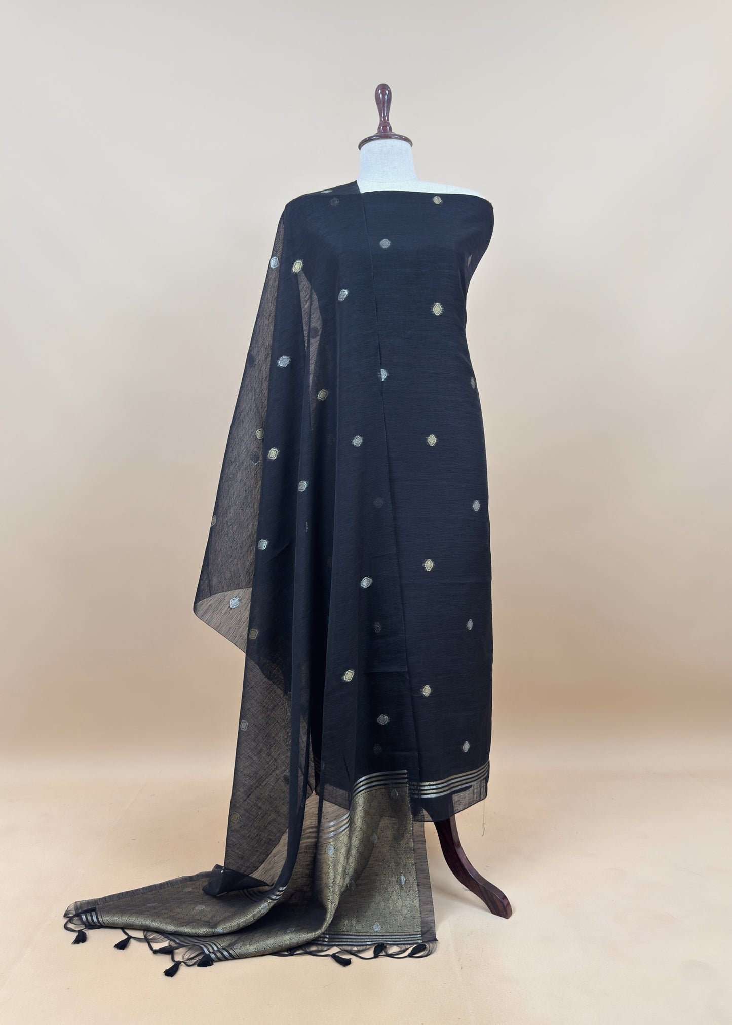 Red Chanderi Unstitched Suit With Gold Zari Jamdani Weaving