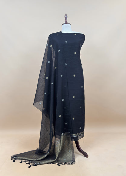 Turquoise Chanderi Unstitched Suit With Gold Zari Jamdani Weaving