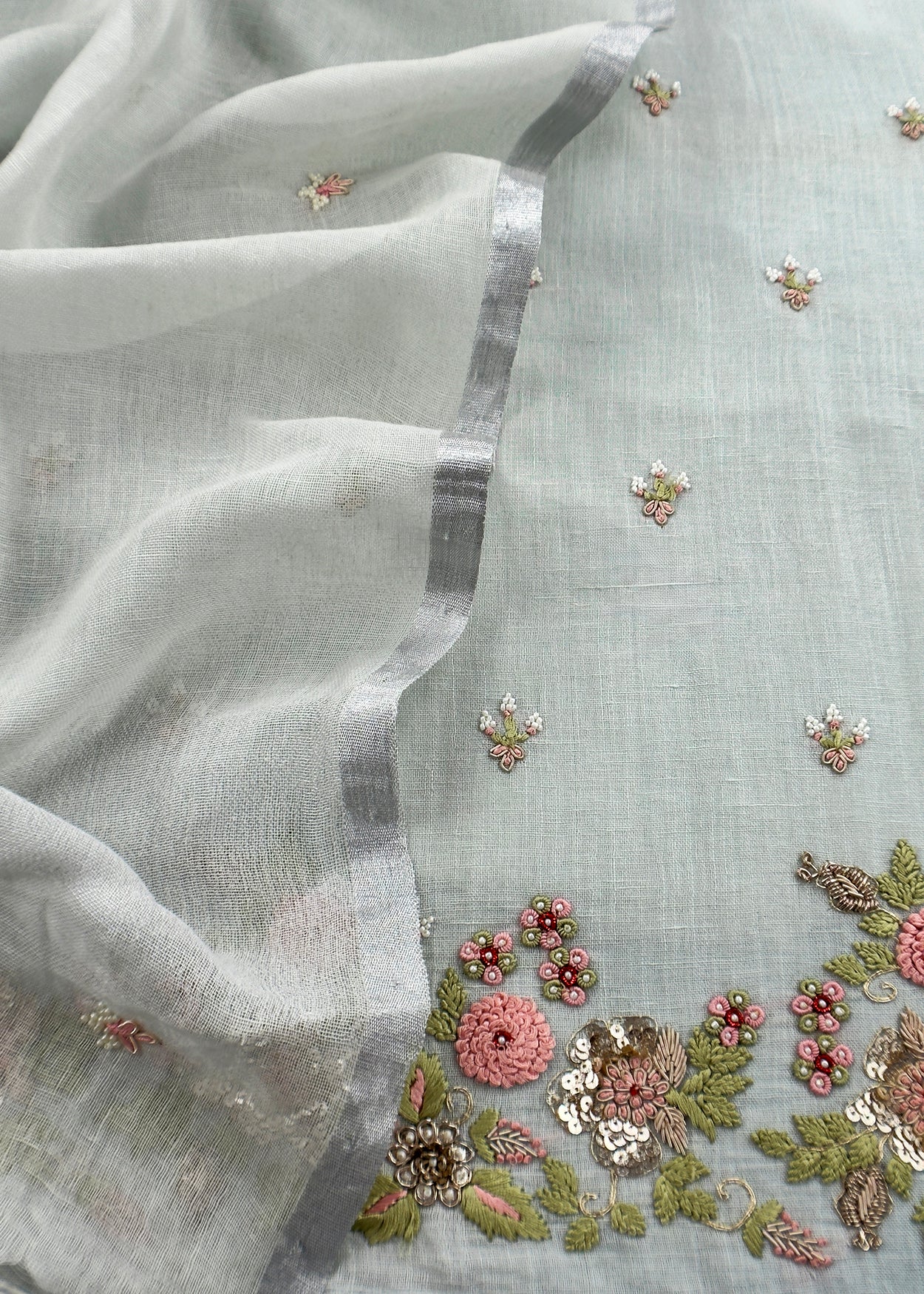 Powder Blue Presenting Our Pure Linen Unstitched Dupatta-Suit From Kalasheel’s The Little Garden Collection 🕊️